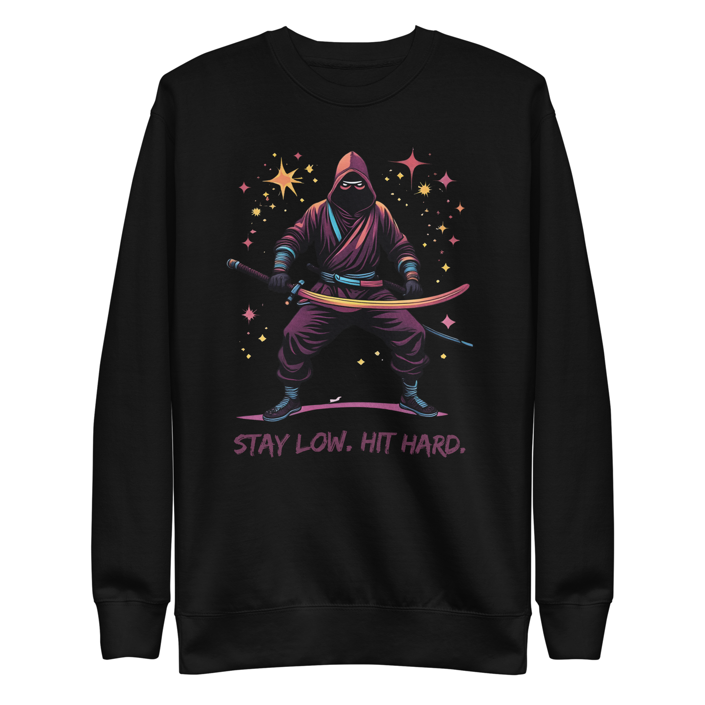 SILENSWEAT: Ninja graphic sweatshirt with STAY LOW. HIT HARD. slogan.