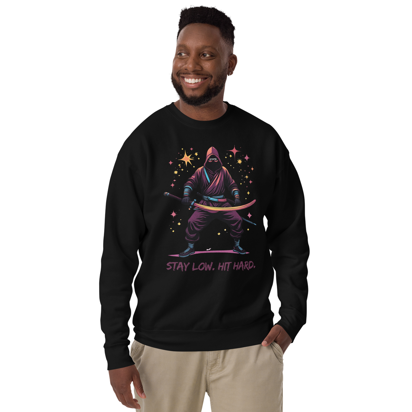 Man in SILENSWEAT, featuring ninja and slogan, against dark backdrop.