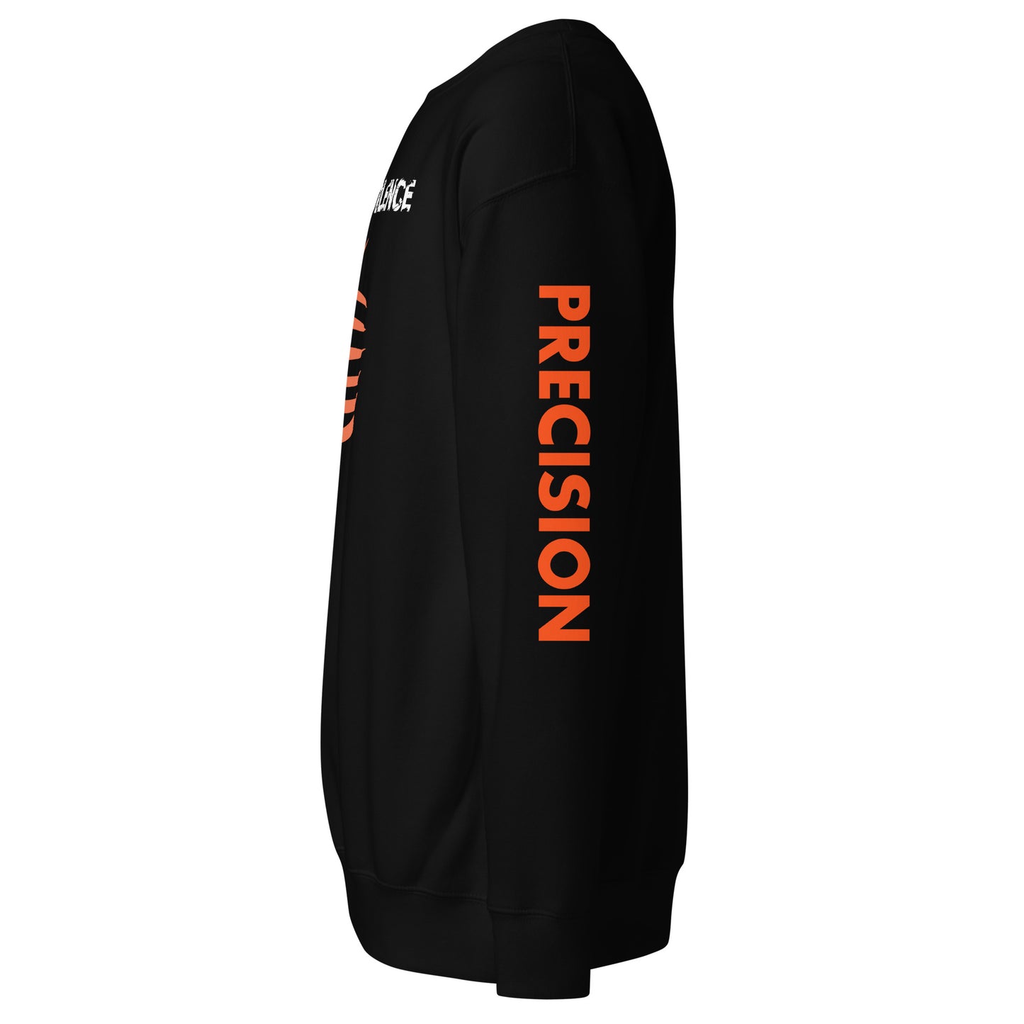 Precision Whisper sweatshirt showcasing orange text, ribbed crew neck, and long sleeves.