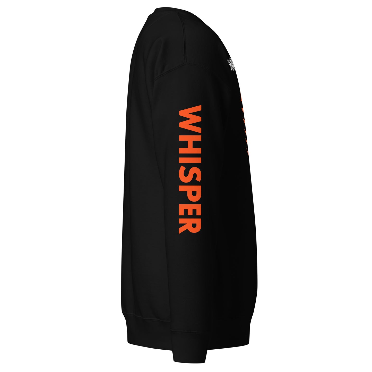 Precision Whisper black sweatshirt with orange text, ribbed crew neck, long sleeves.
