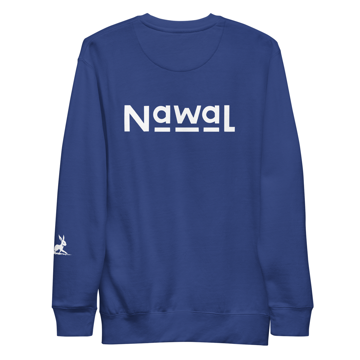Nawal Sweatshirt with white text, ribbed crew neck, and long sleeves.