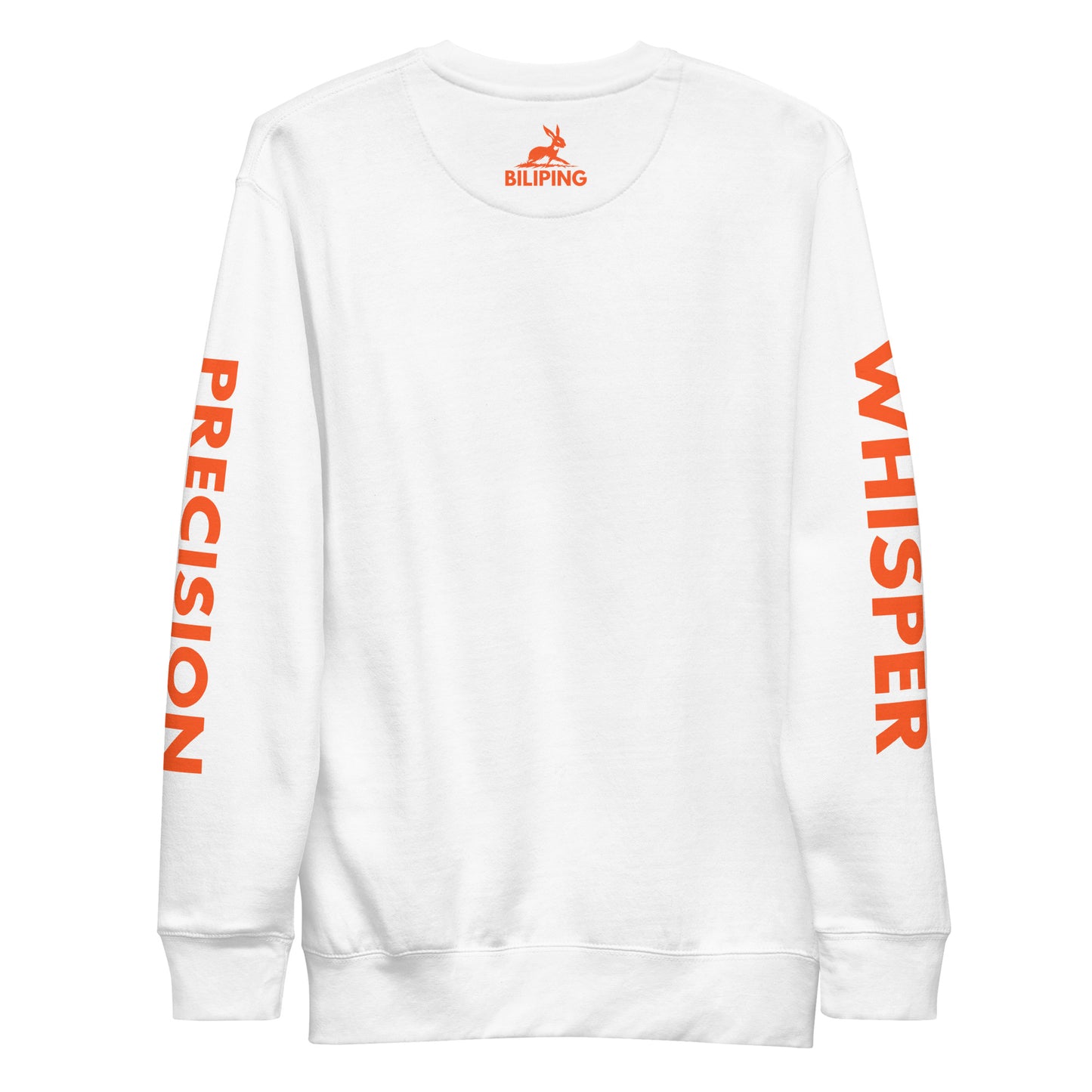 Precision Whisper sweatshirt featuring orange text on a white background.