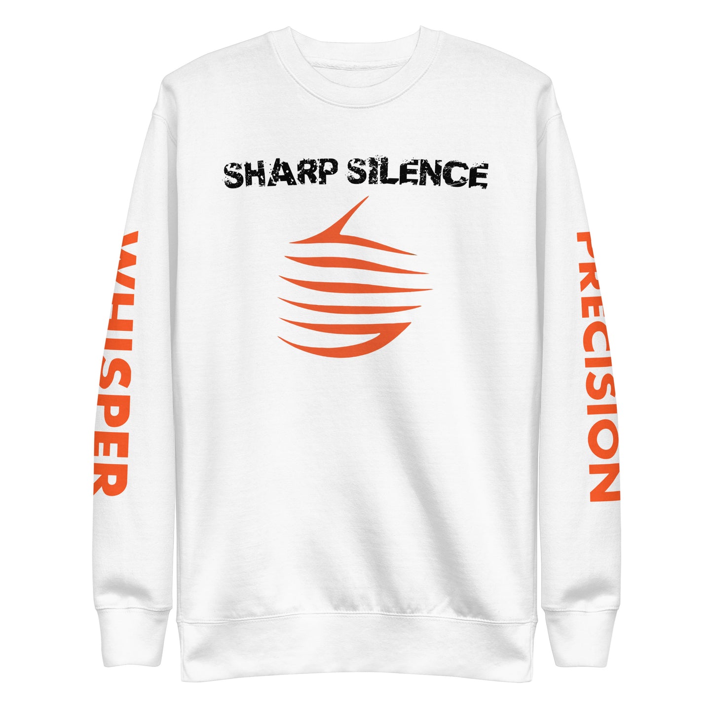 Precision Whisper white long-sleeved sweatshirt with orange text and ribbed cuffs.