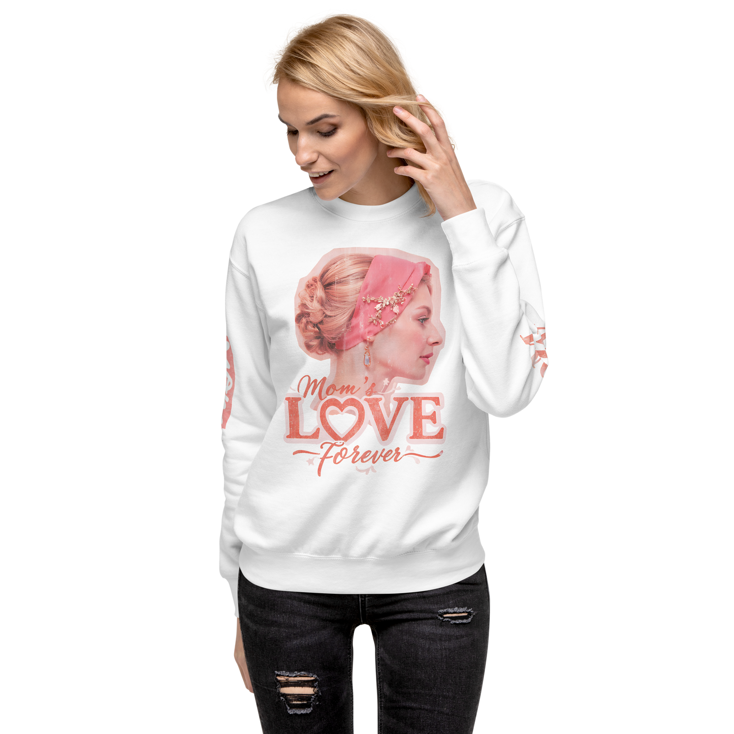 Woman in white Powered By A MOM sweatshirt featuring a woman's portrait.