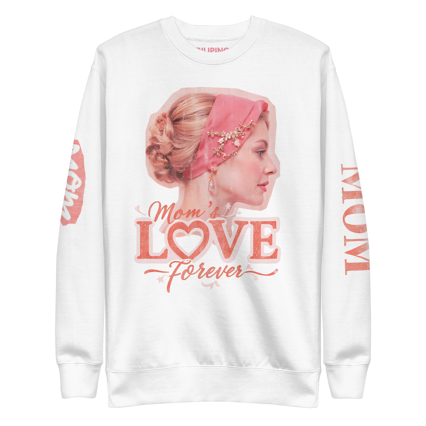 Powered By A MOM white sweatshirt with woman's face design, ribbed crew neck.