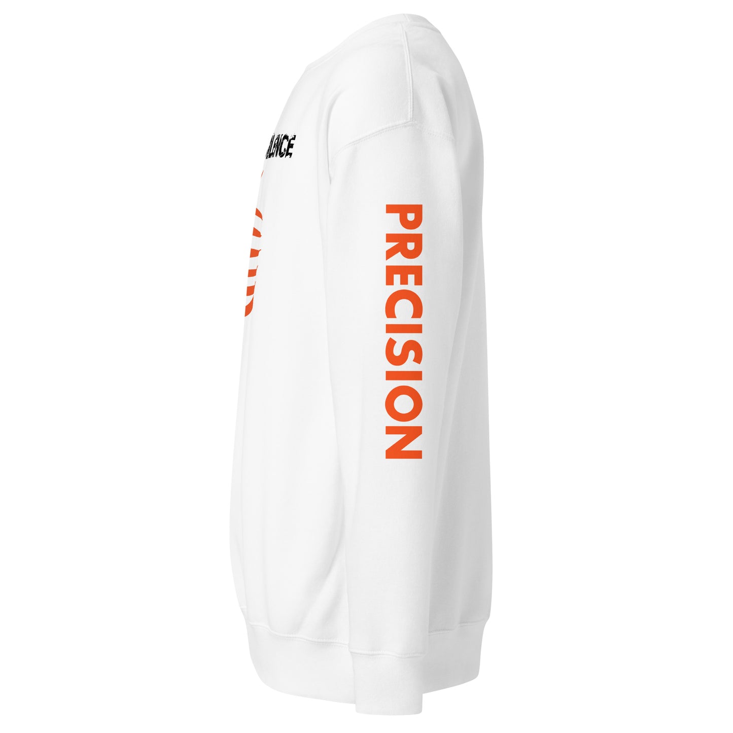 Precision Whisper white sweatshirt featuring bold red text, ribbed crew neck.