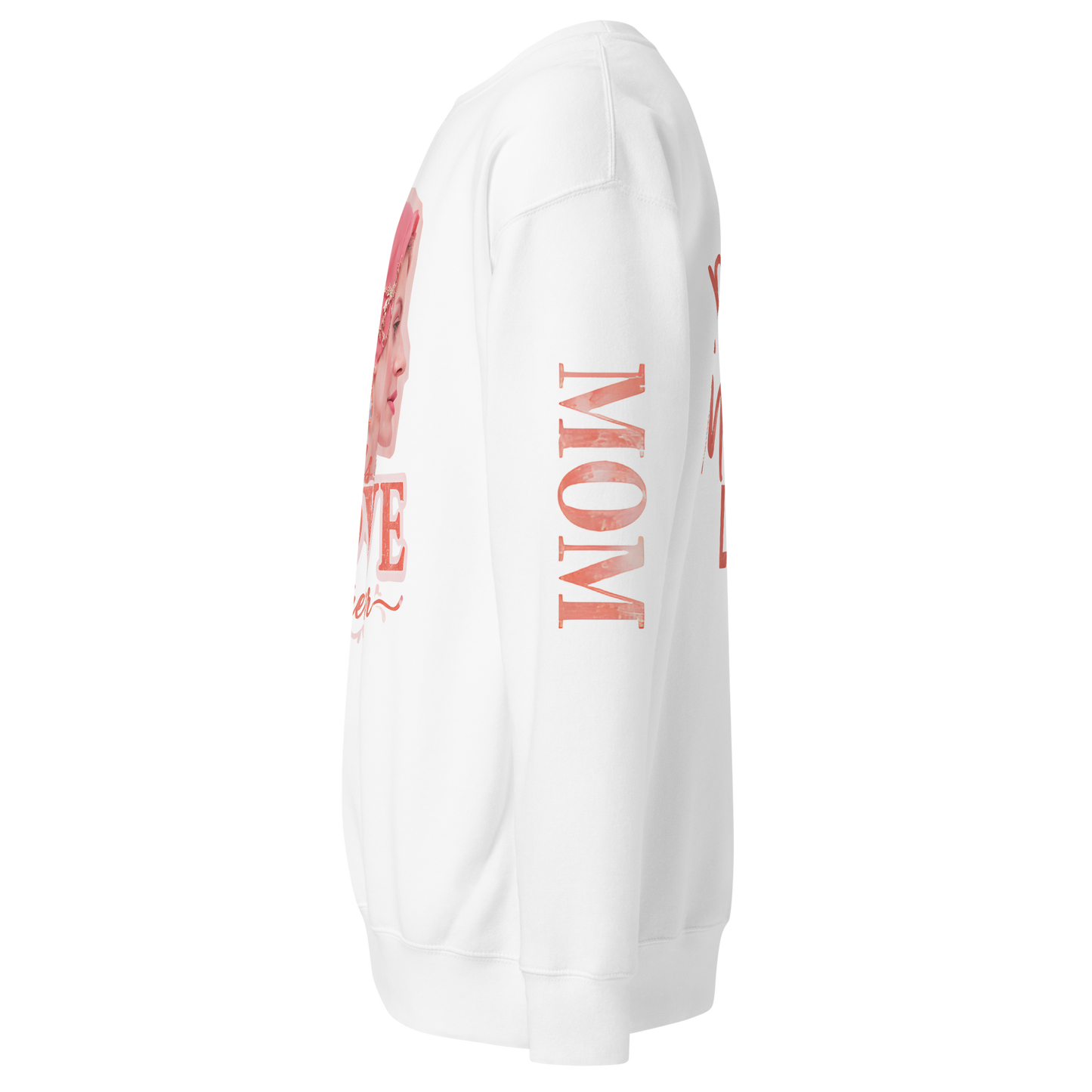 Close-up of 'Powered By A MOM' white sweatshirt with ribbed crew neck.