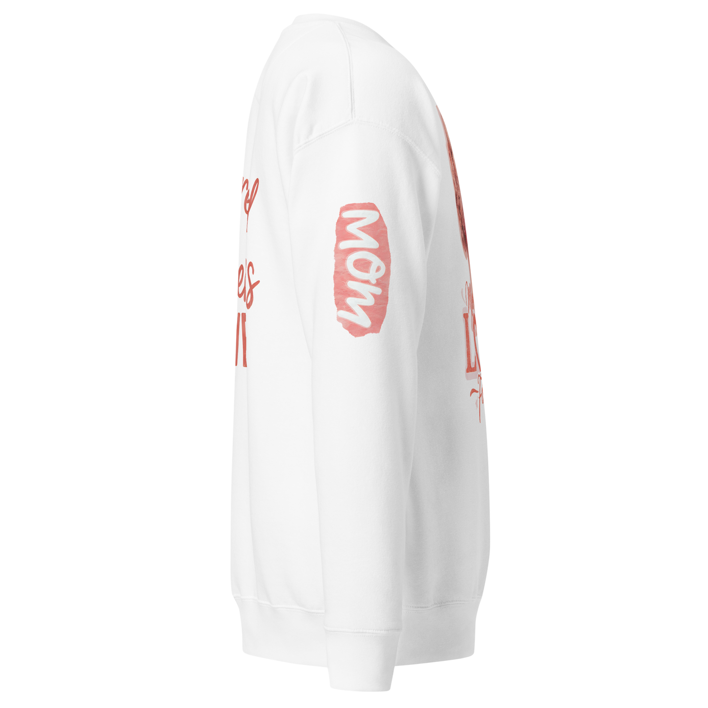 White sweatshirt with Powered By A MOM in red text, ribbed crew neck.