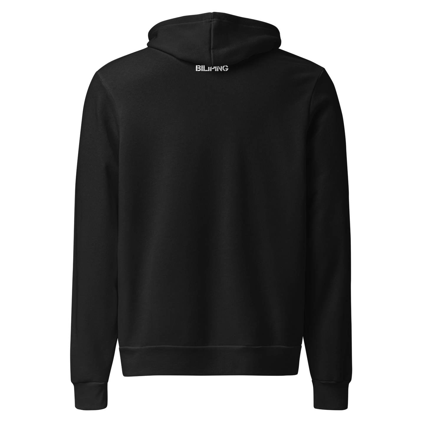 6 Triangle cozy unisex hoodie, black with white text, fleece fabric.