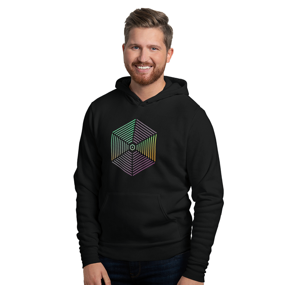 Man wearing 6 Triangle cozy unisex hoodie, smiling warmly.