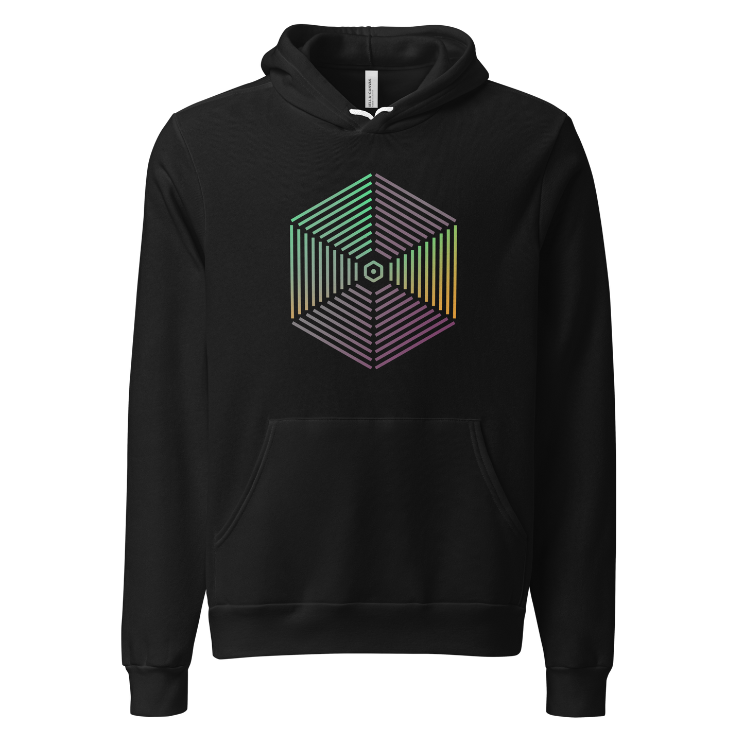 6 Triangle black hoodie with colorful hexagon design, cozy and unisex.
