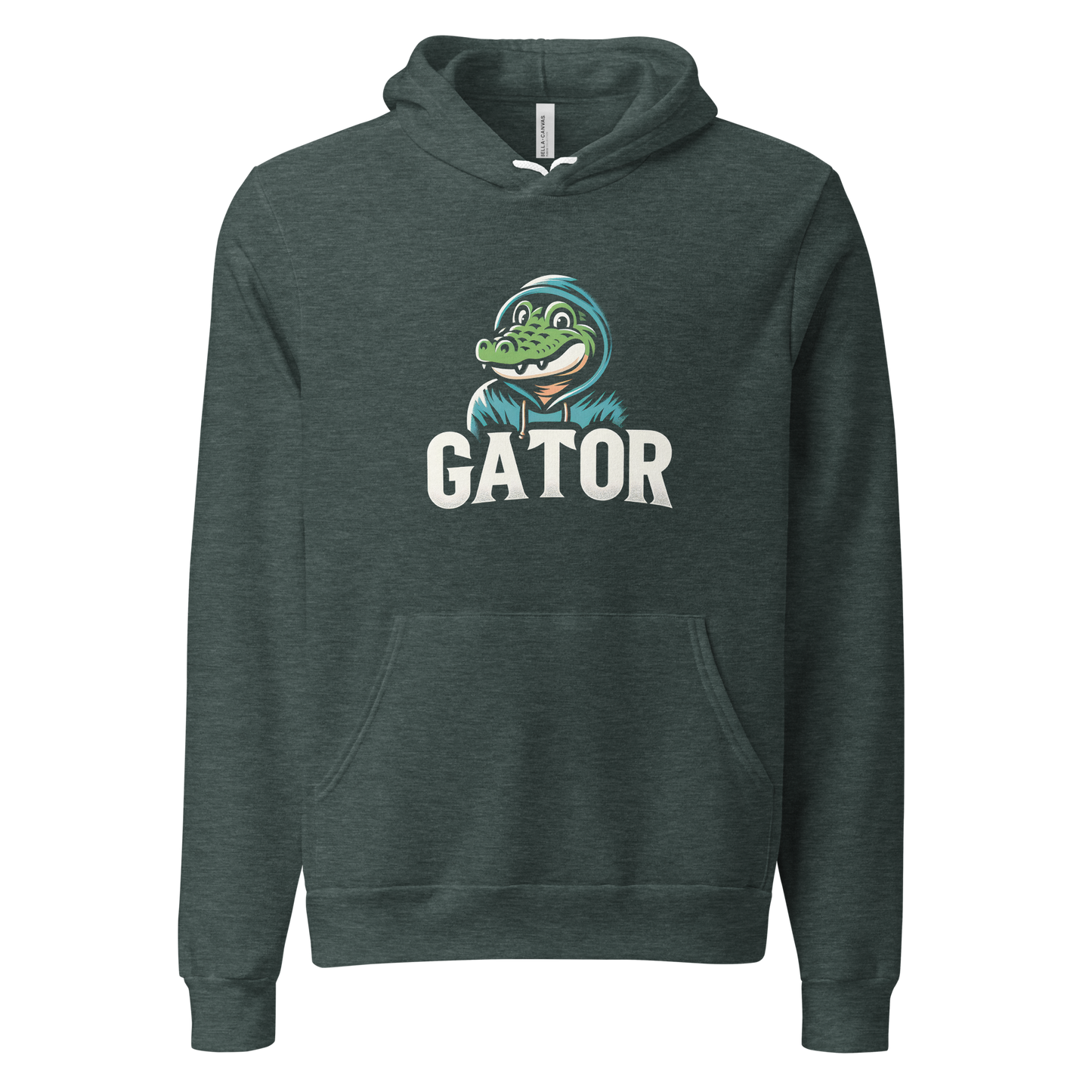 Rule the Swamp Hoodie close-up, featuring soft fleece fabric and pocket, featuring a cartoon crocodile in a hoodie