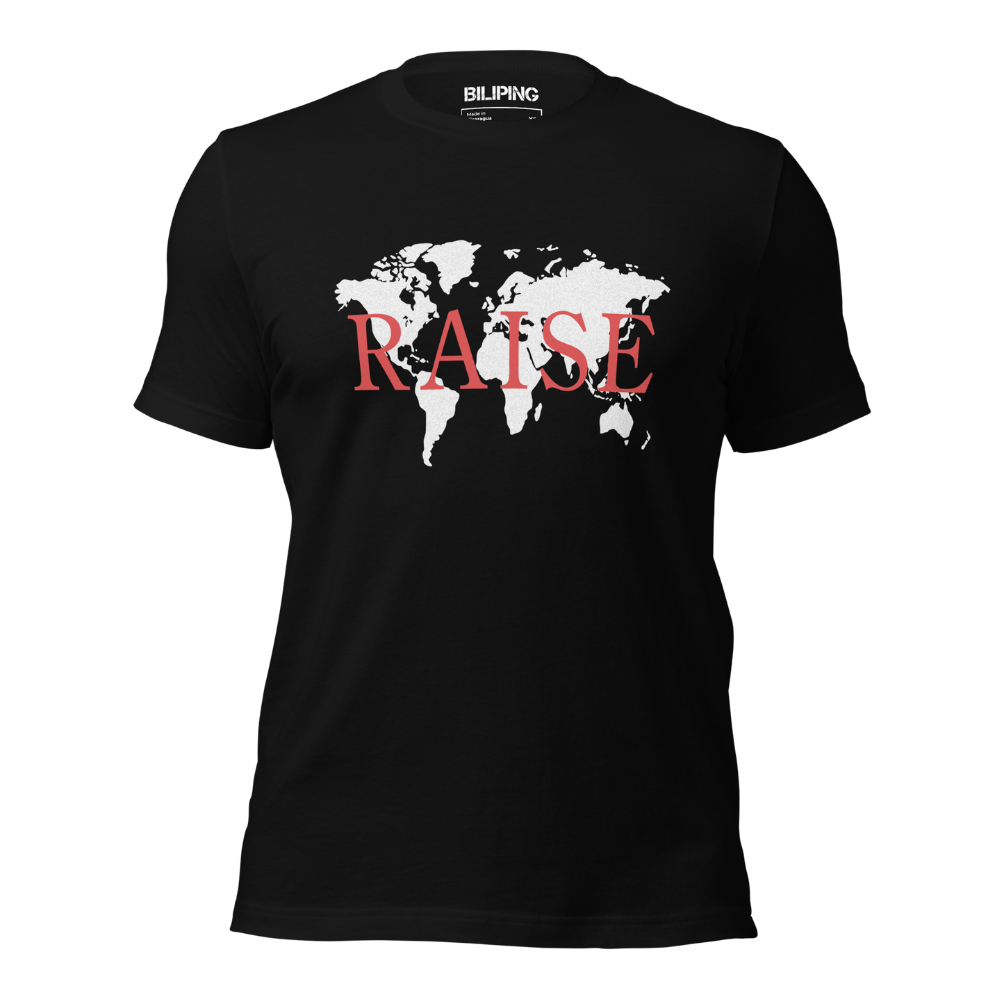 Raise black shirt featuring a world map design, crafted from lightweight, breathable fabric.