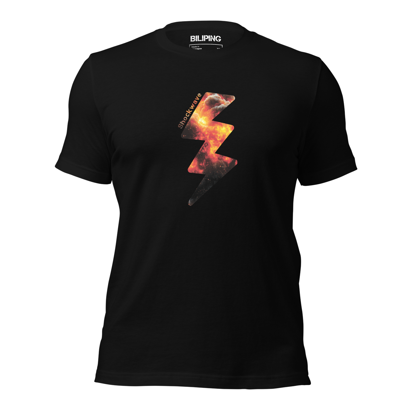 Shockwave black t-shirt featuring a lightning bolt design, perfect for comfort.