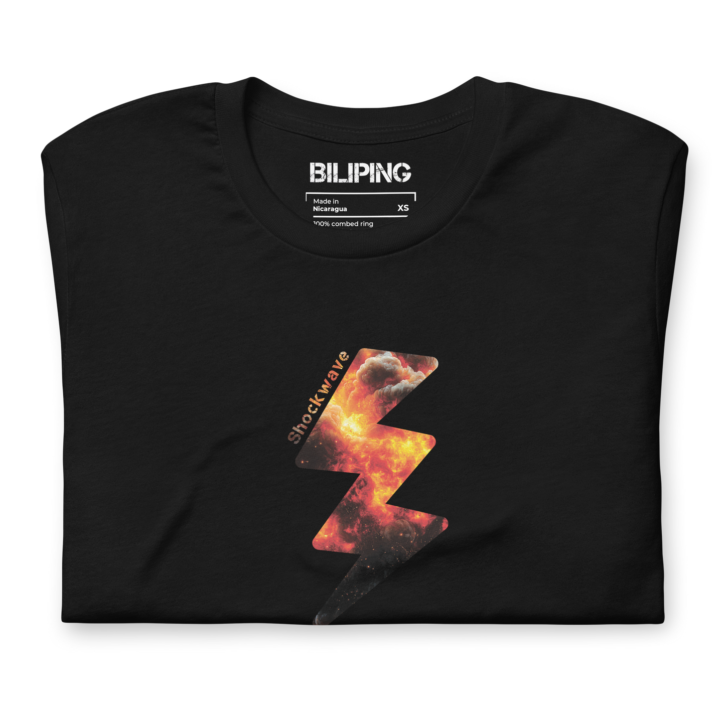 Shockwave black shirt with a lightning bolt, lightweight, ultra-soft, breathable.