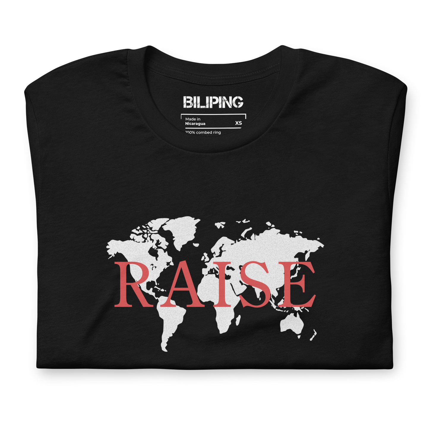 Raise black t-shirt featuring a world map design.