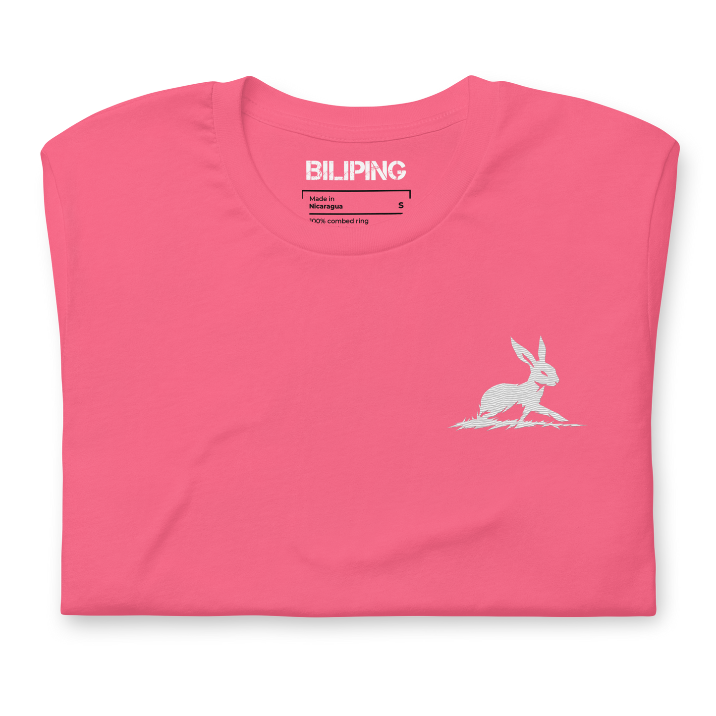 Belle T-Shirt folded flat; bright pink with a small rabbit logo.