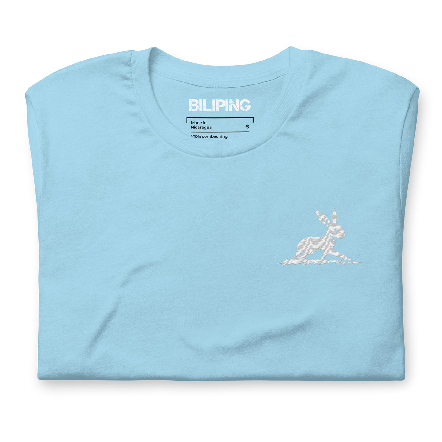 Belle T-Shirt, light-blue, folded with a rabbit logo, size S.