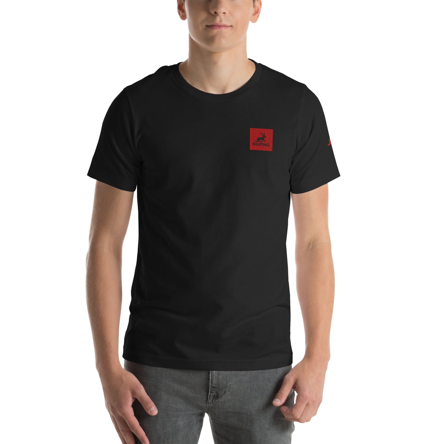 Fieldline – Red Rabbit Edition t-shirt with red square logo.