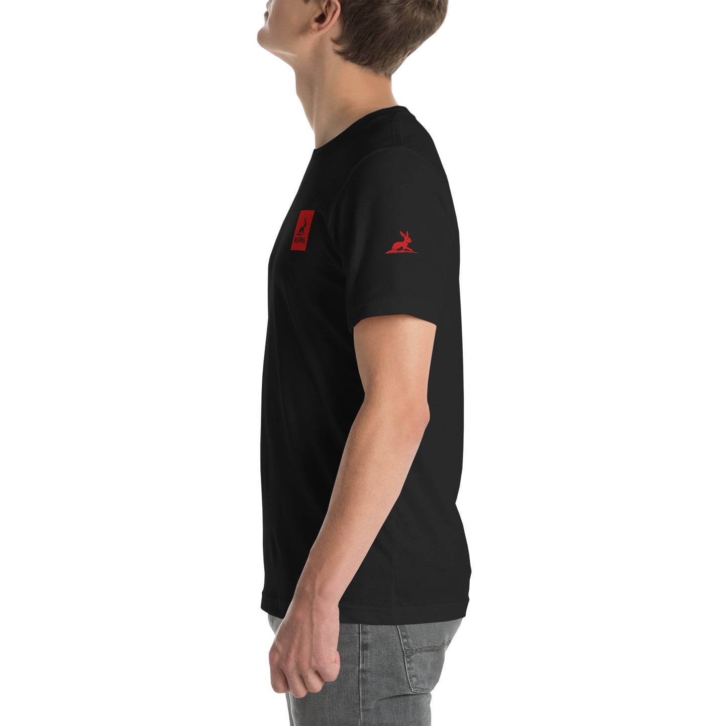 Fieldline – Red Rabbit Edition T-shirt, side view with logo and rabbit.