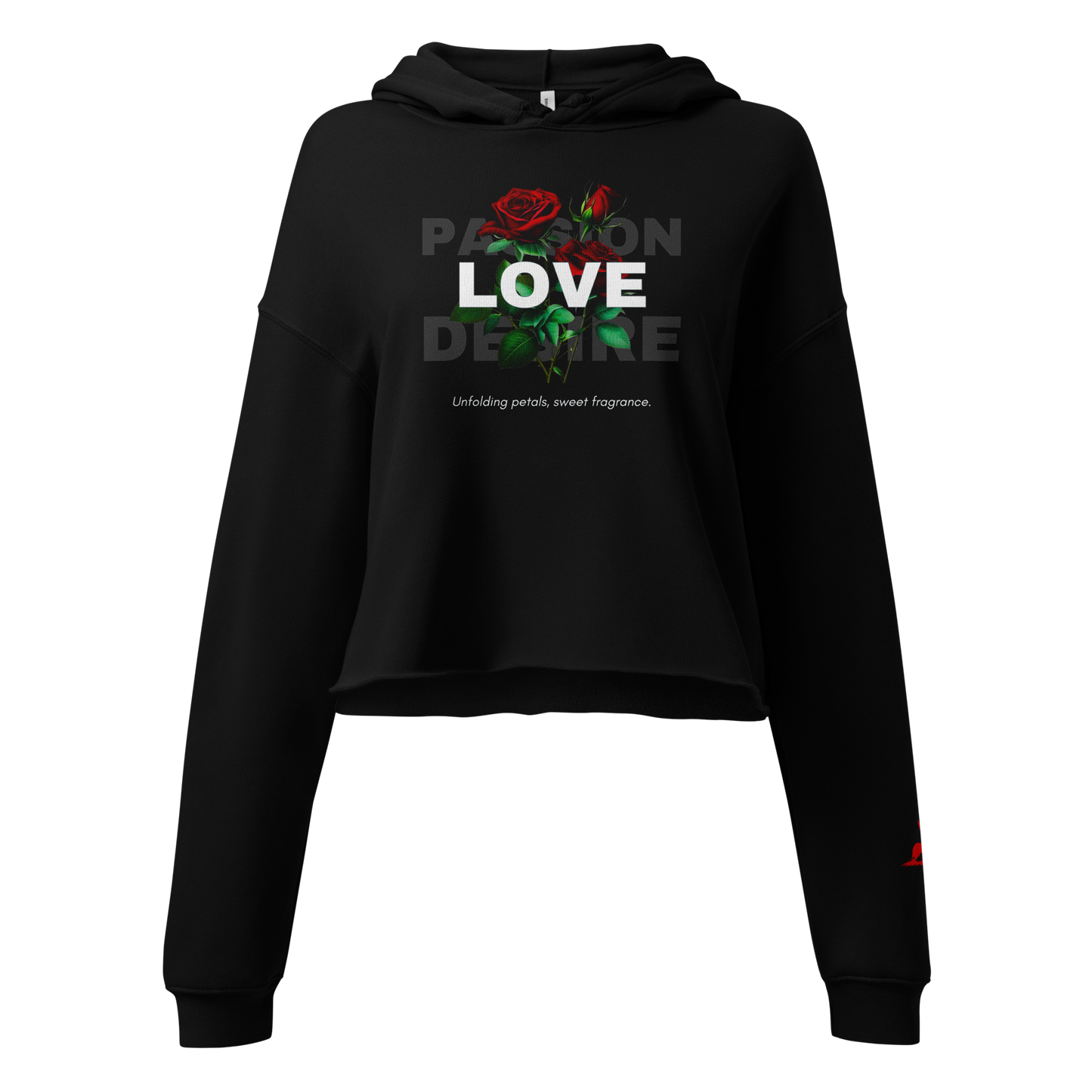 Sweet fragrance Hoodie with raw hem, cropped fit, relaxed dropped shoulders.
