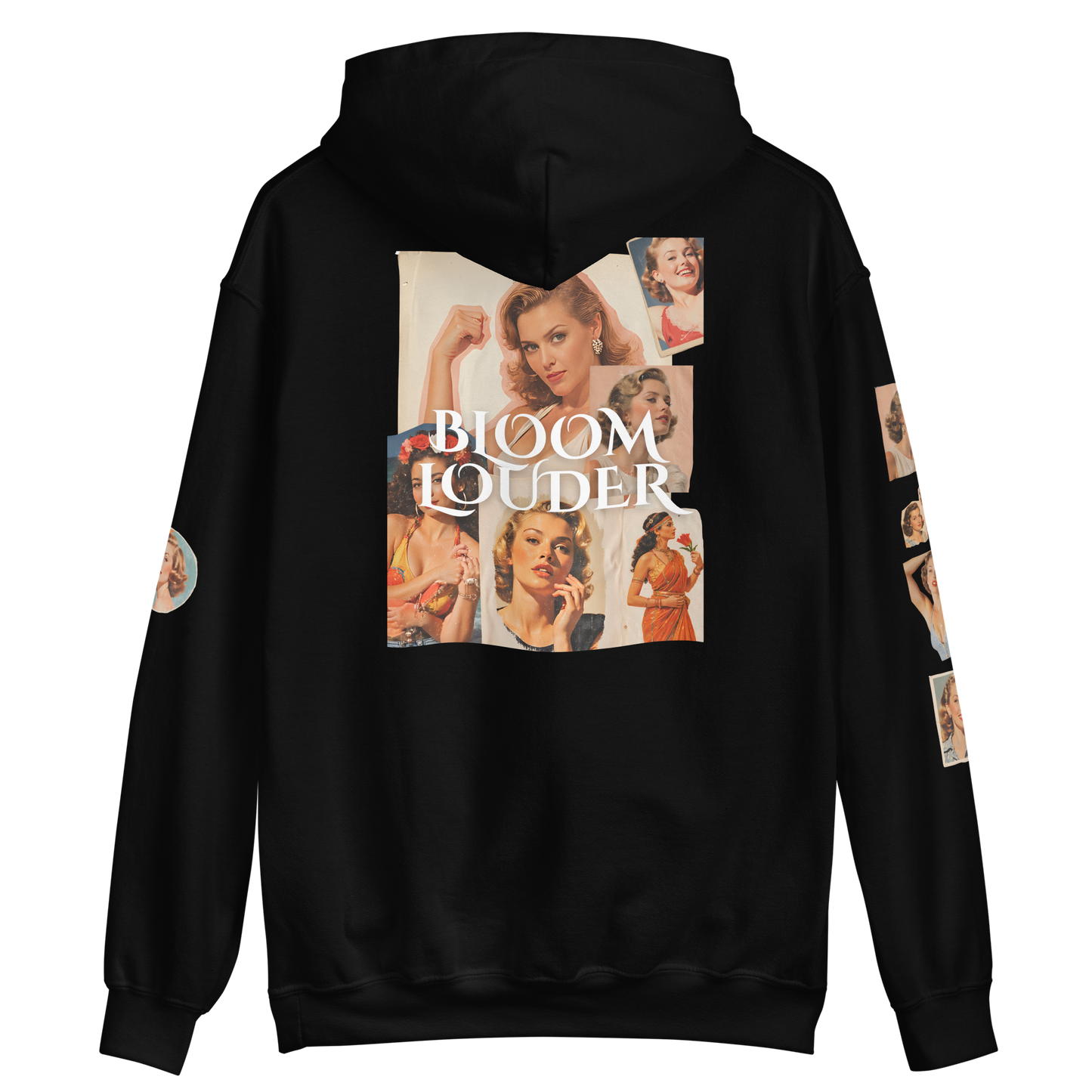 A woman wears the Bloom Louder black sweatshirt featuring images of women, highlighting its comfy, stylish design, perfect for cooler evenings.