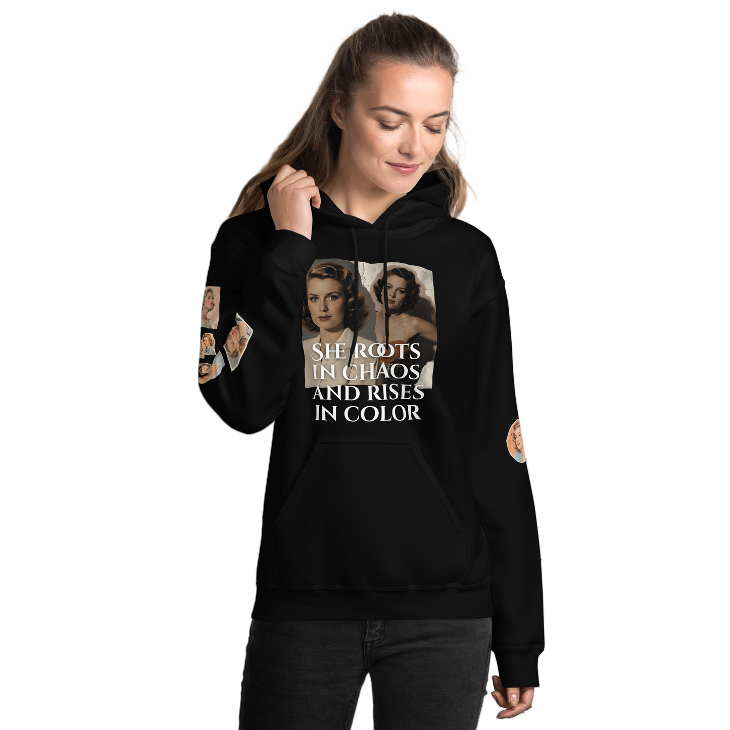 Woman in Bloom Louder black hoodie featuring a double-lined hood, front pouch pocket, and rib-knit cuffs, embodying comfort and style for cooler evenings.