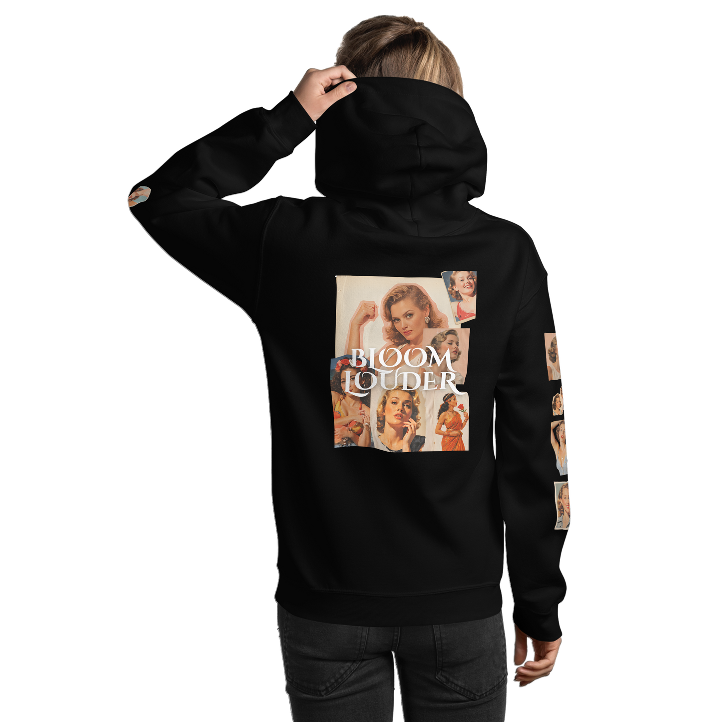 Bloom Louder hoodie close-up showing a hand adjusting the sleeve, emphasizing its soft, smooth texture and stylish design perfect for cooler evenings.