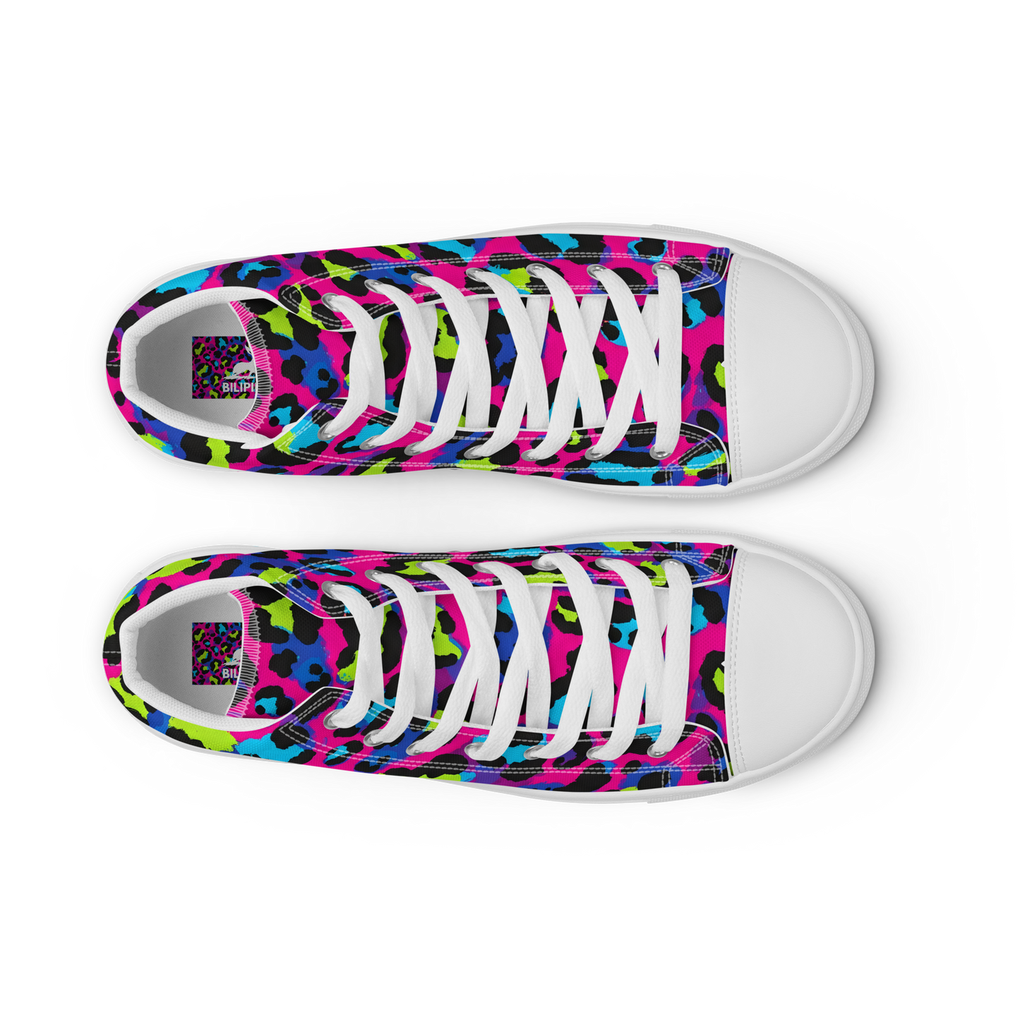 Electric Cheetah High-Tops: Close-up of sleek high-top canvas sneakers.