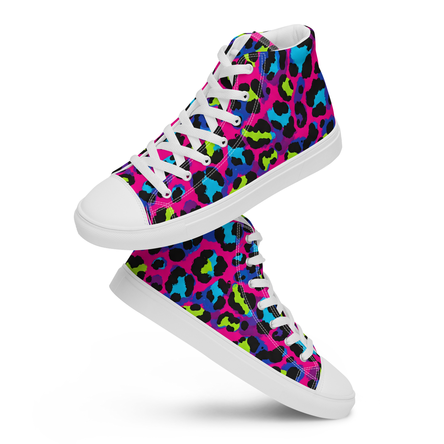 Electric Cheetah High-Tops feature colorful canvas with white laces.