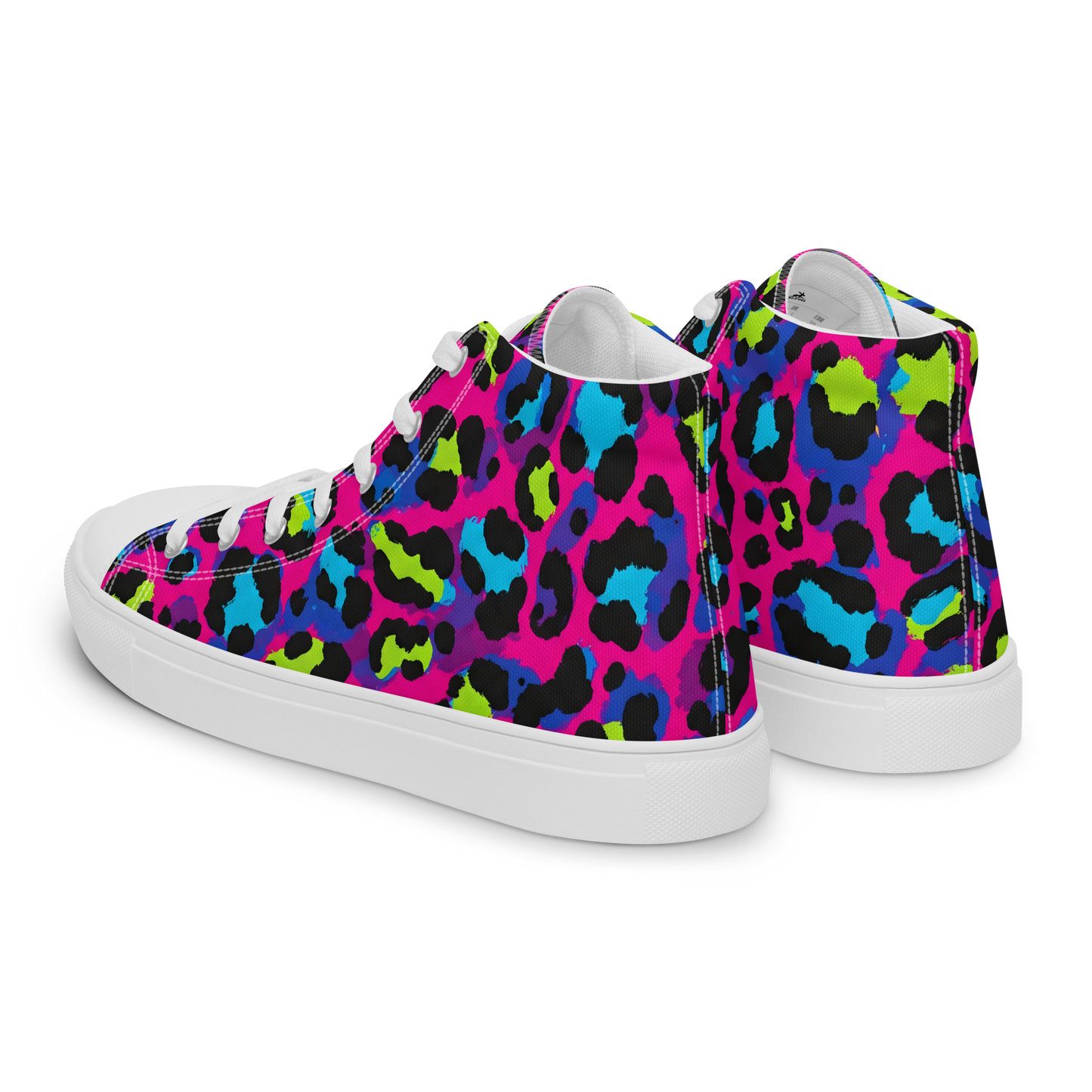 Electric Cheetah High-Tops: Close-up of stylish high-top canvas shoe with lace-up design.