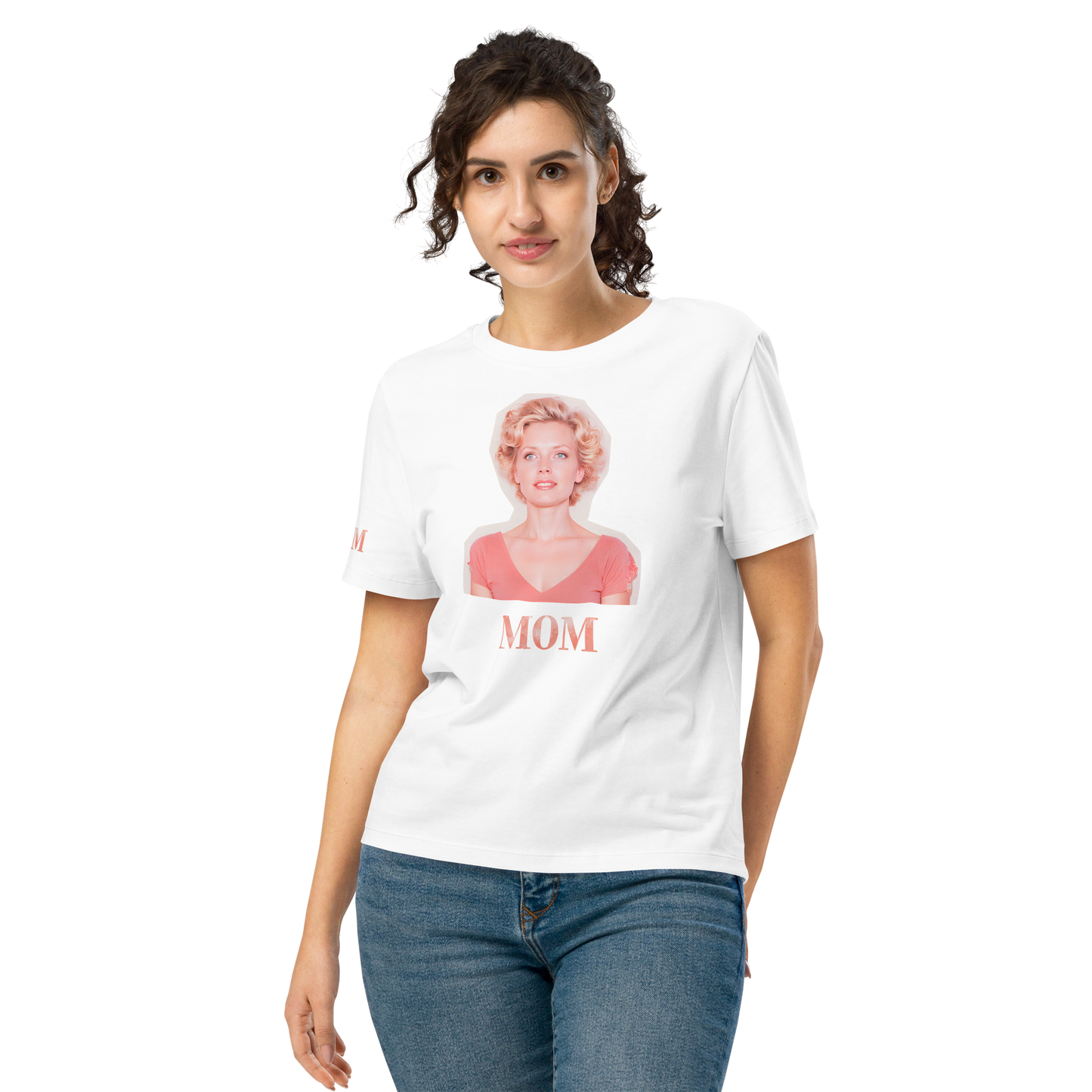 Simply Mom T-shirt featuring a woman's face, organic cotton, ribbed neckline.