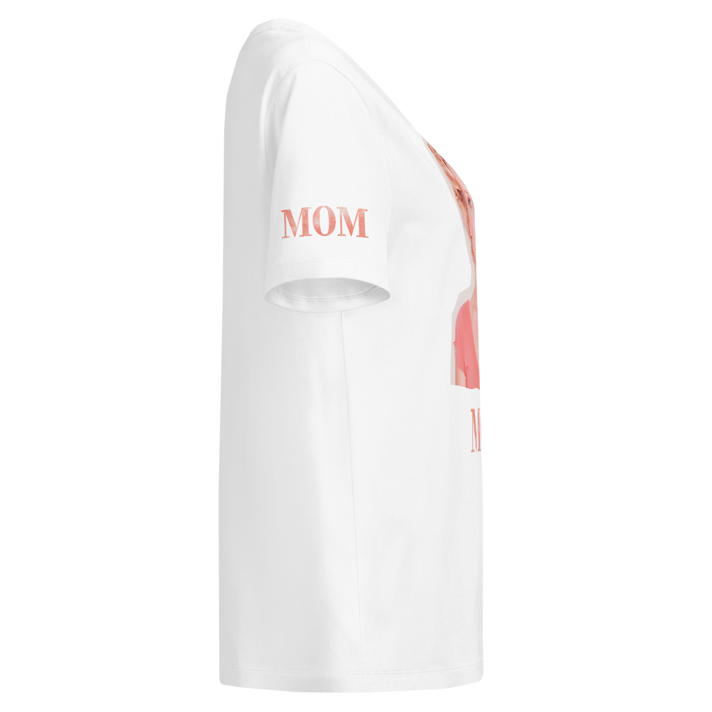 Simply Mom T-shirt with ribbed neckline, red text, and organic cotton fabric.