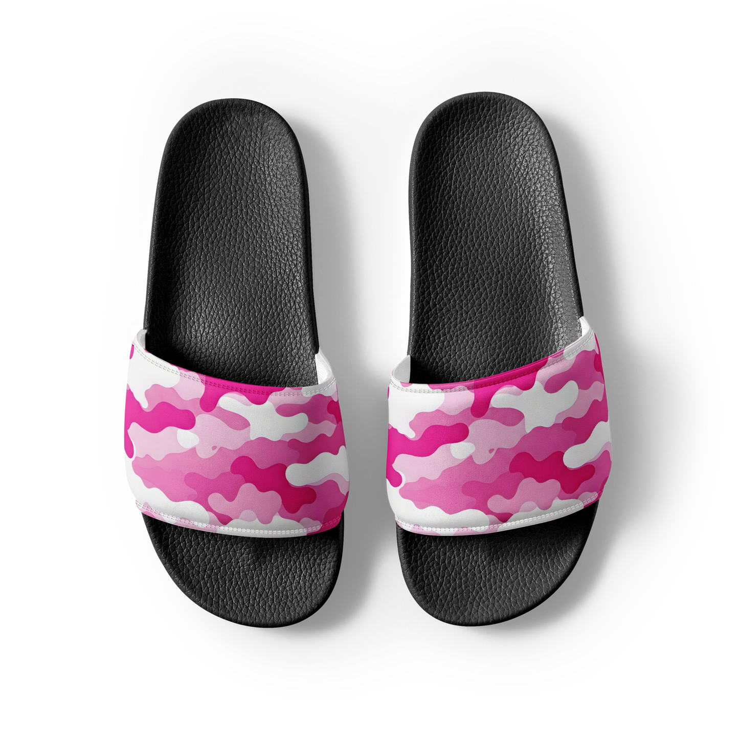 Pink Camo Slides with cushioned faux leather strap and textured footbed.