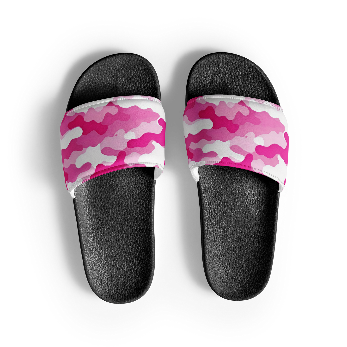 Pink Camo Slides with cushioned faux leather strap and textured footbed.