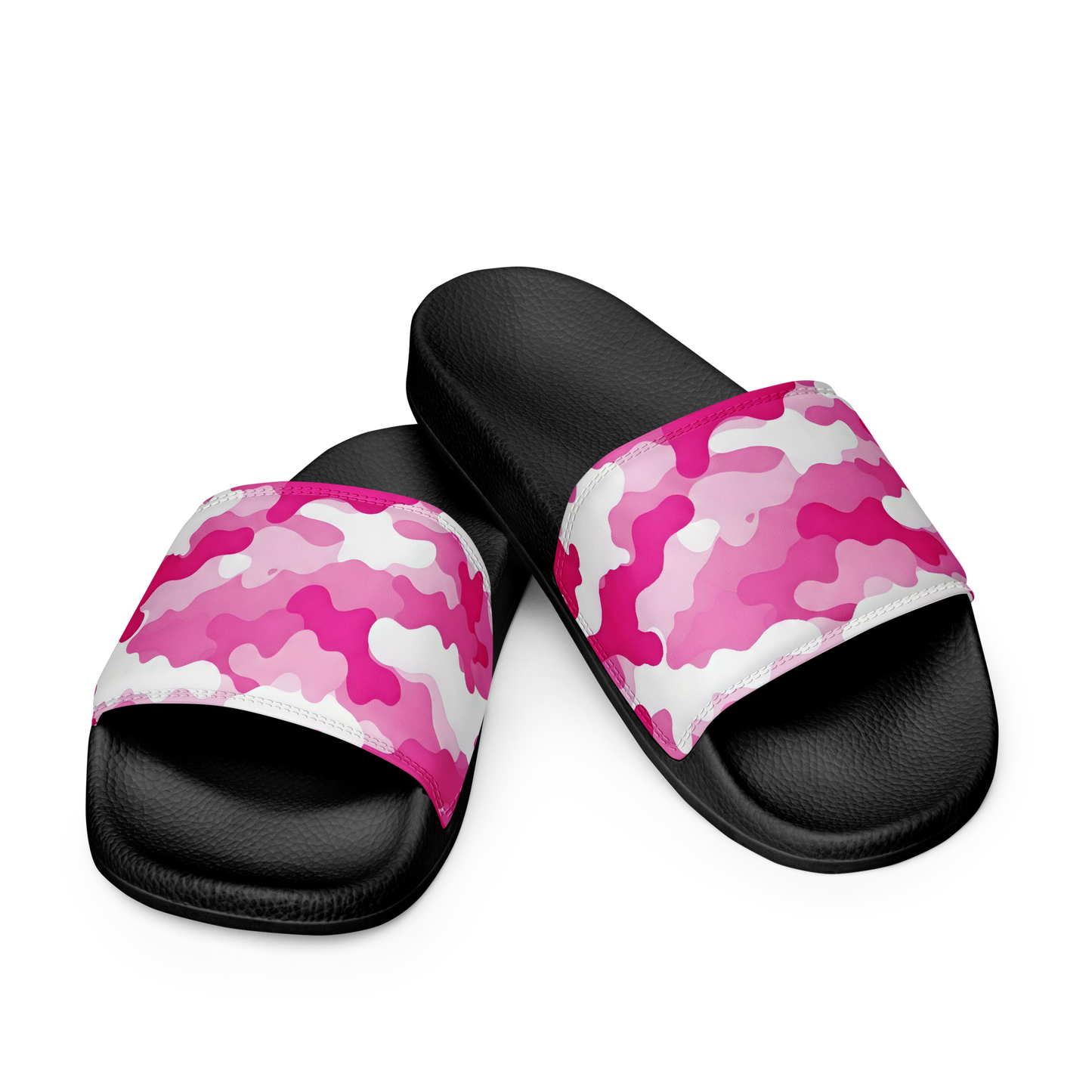 Pink Camo Slides with cushioned faux leather strap and contoured footbed.