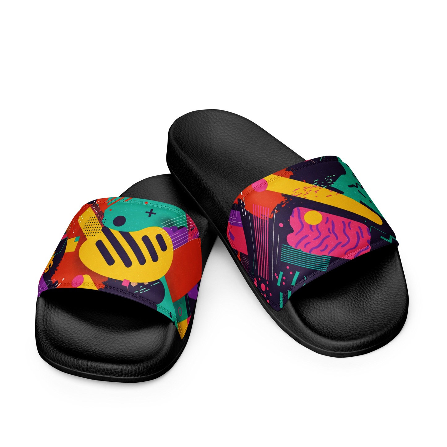 Chromatic Comets Slides: colorful slippers with cushioned straps and contoured footbed.