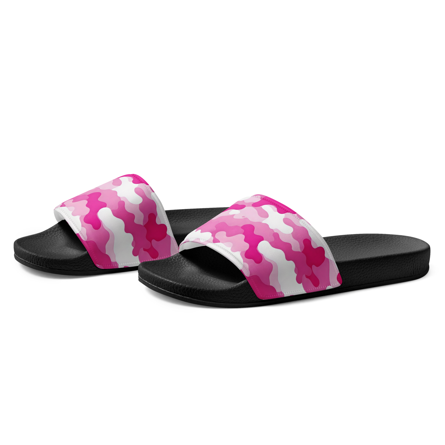 Pink Camo Slides with cushioned strap and contoured footbed for comfort.
