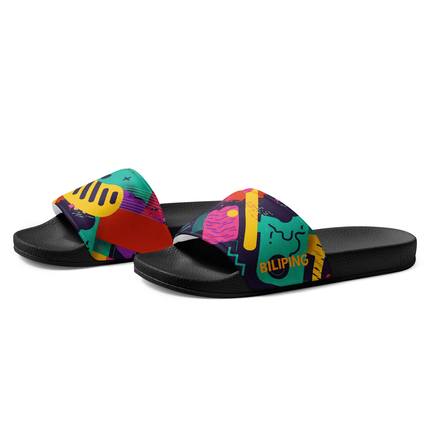 Chromatic Comets Slides: Lightweight slides with cushioned faux leather strap and contoured footbed.