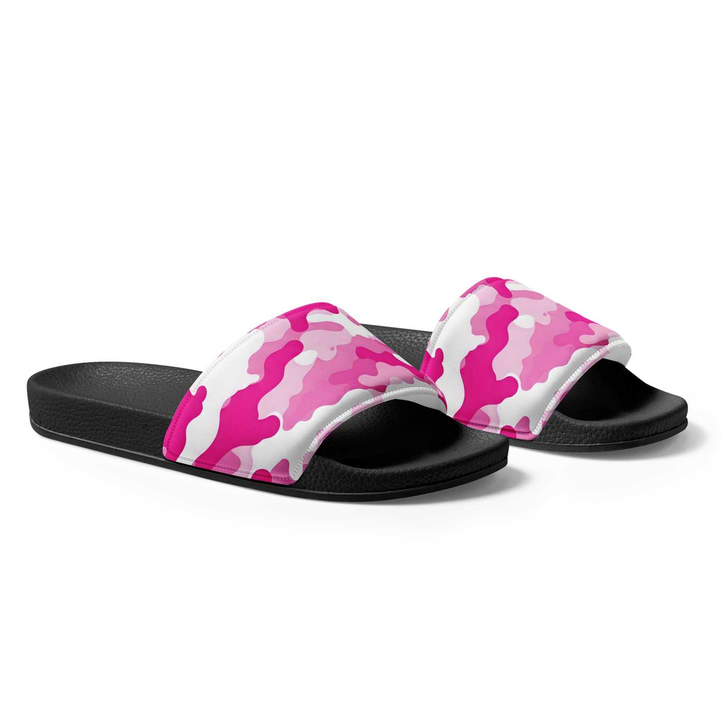 Pink Camo Slides with cushioned strap and contoured footbed for comfort.