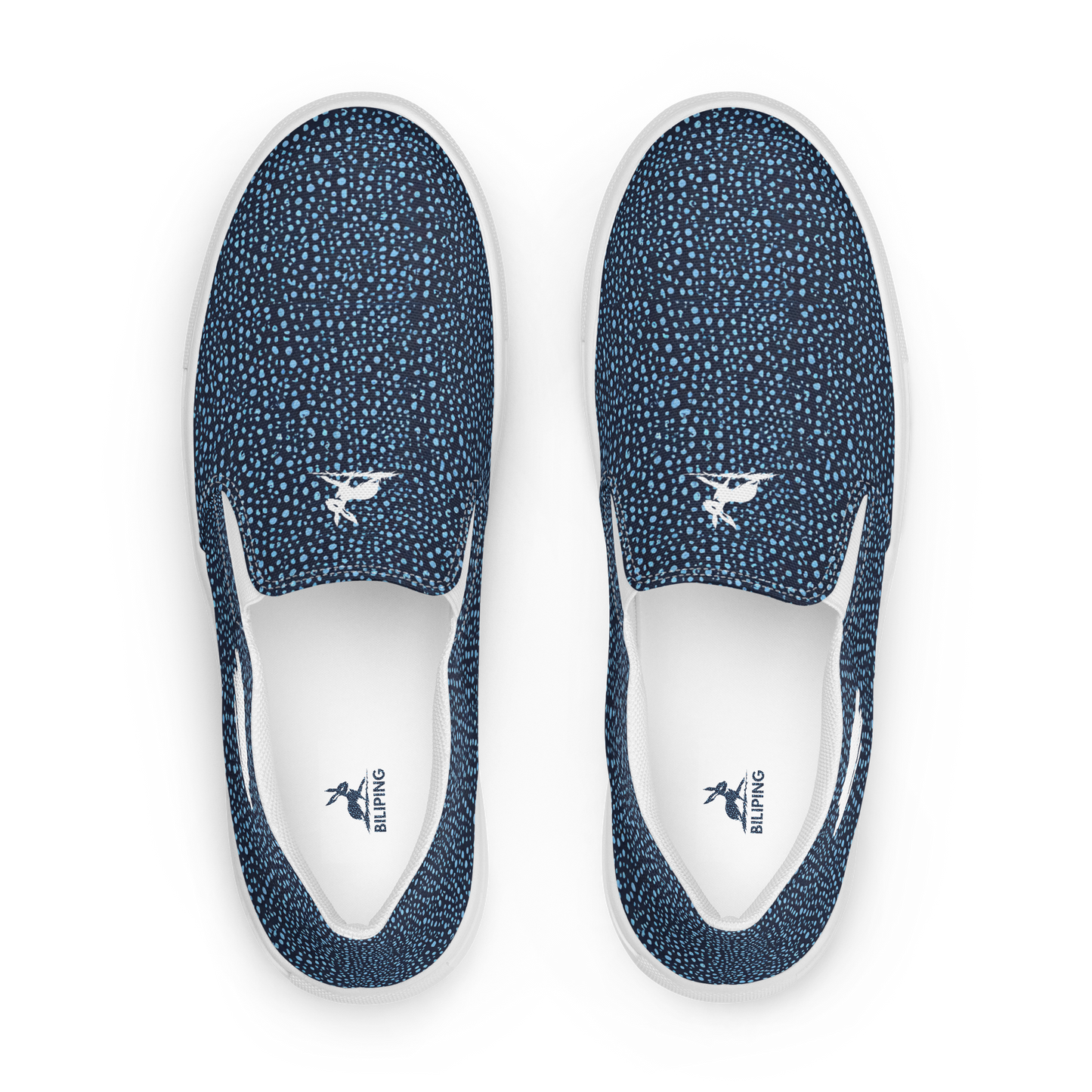 Blue Pebble Dash Slip-Ons with cushioned collar, stretchy panels, and durable sole.