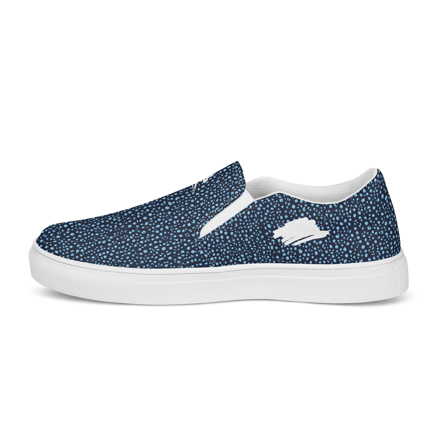 Blue Pebble Dash Slip-Ons: slip-on canvas shoes with cushioned collar.