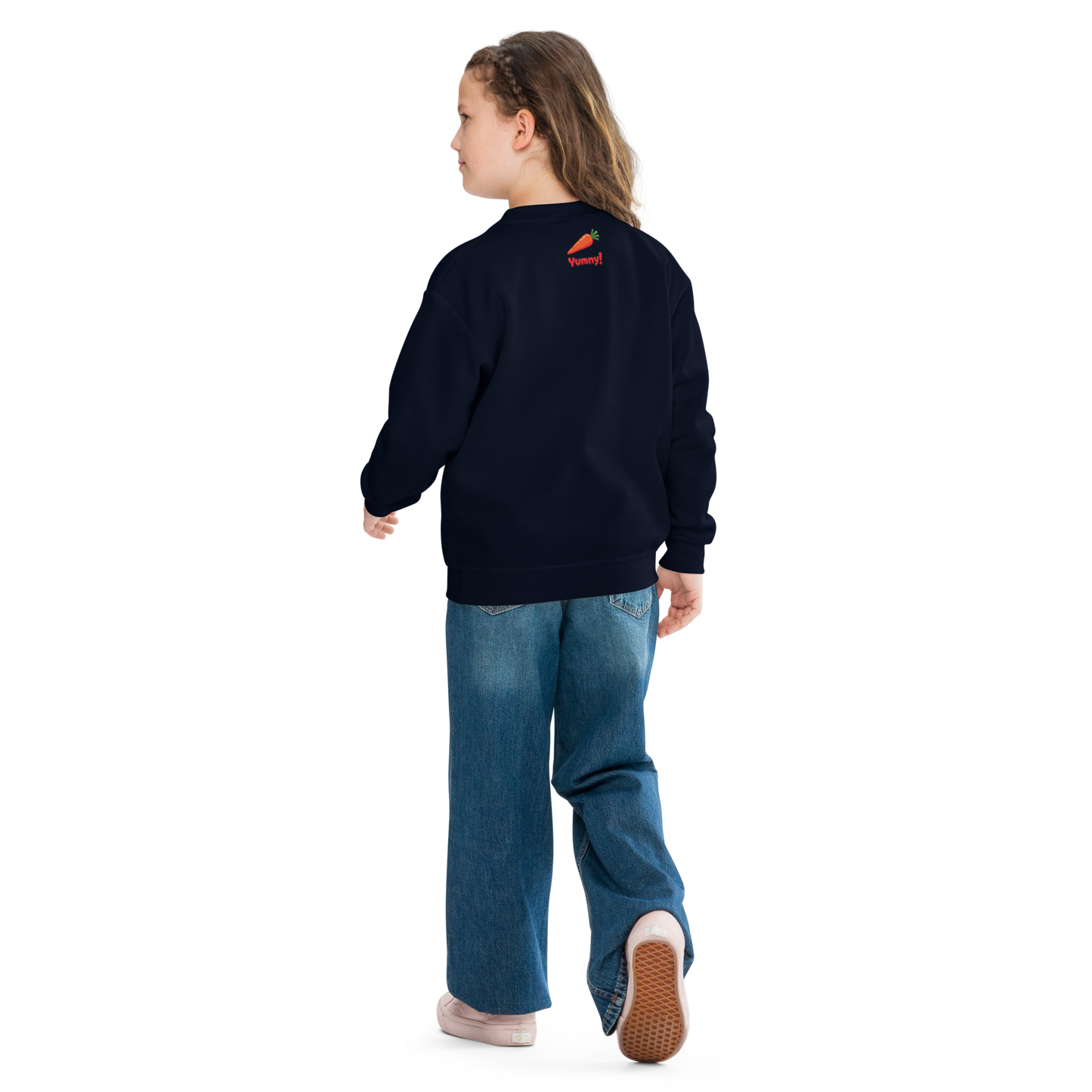 Wise Rabbit Sweatshirt close-up on hand, leg, and shoe.