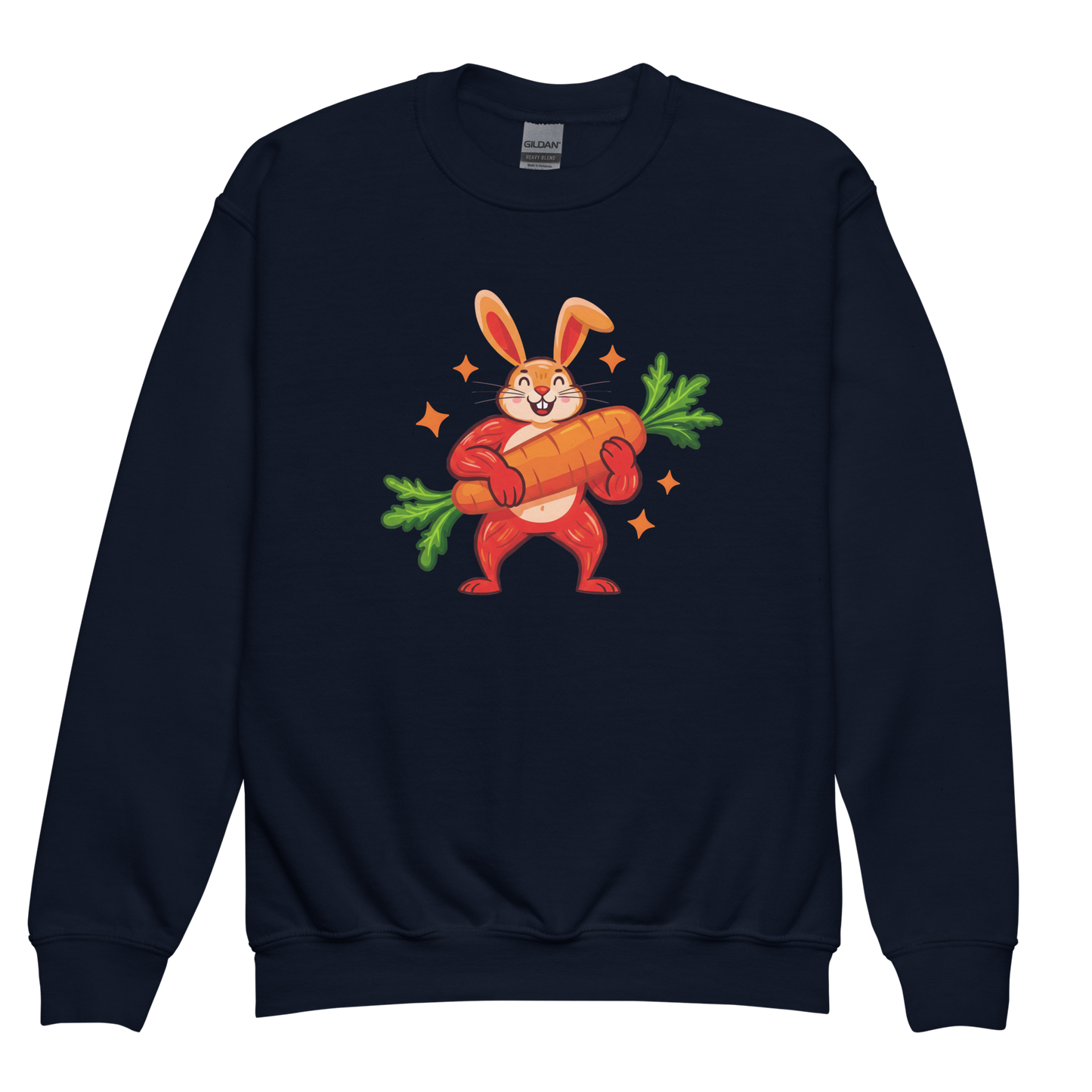 Wise Rabbit Sweatshirt featuring cartoon rabbit with carrot, cozy fleece, durable stitching.