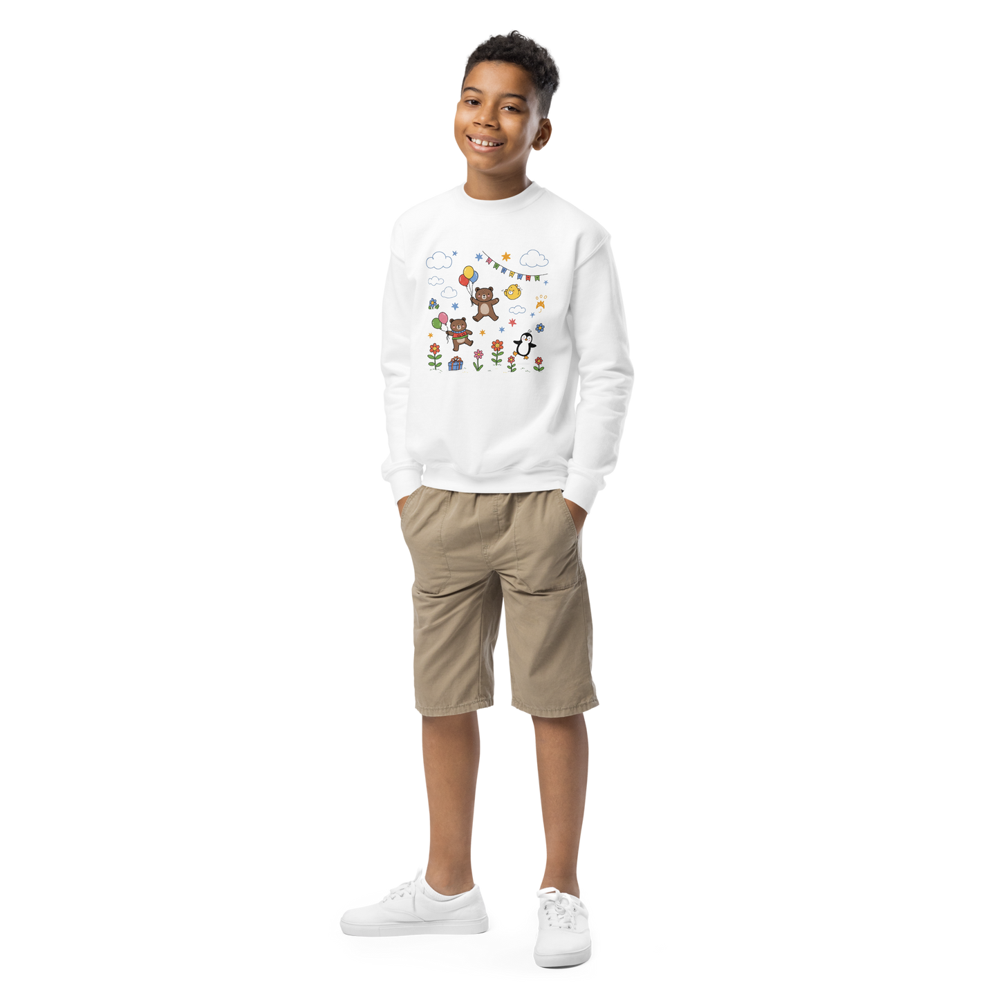 Adventure Time Sweatshirt, close-up of boy wearing cozy fleece.