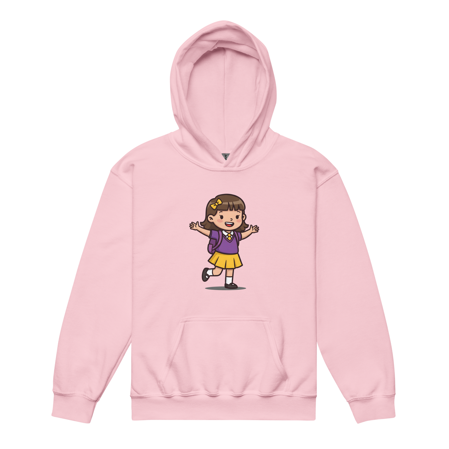 Little Learner Hoodie with cartoon girl print, no drawcords, front pouch pocket.