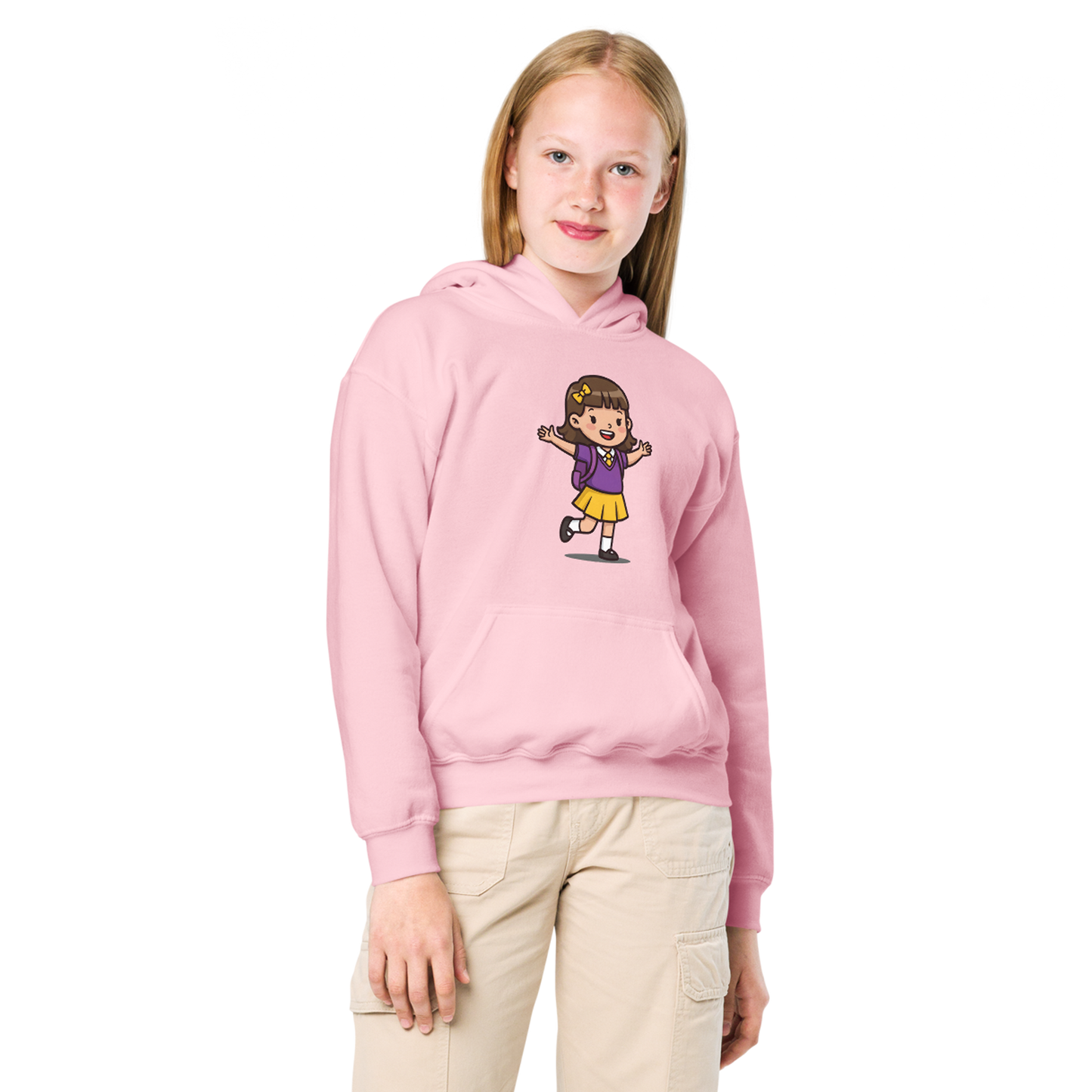 Little Learner Hoodie close-up: child's hand touching durable, soft sleeve.