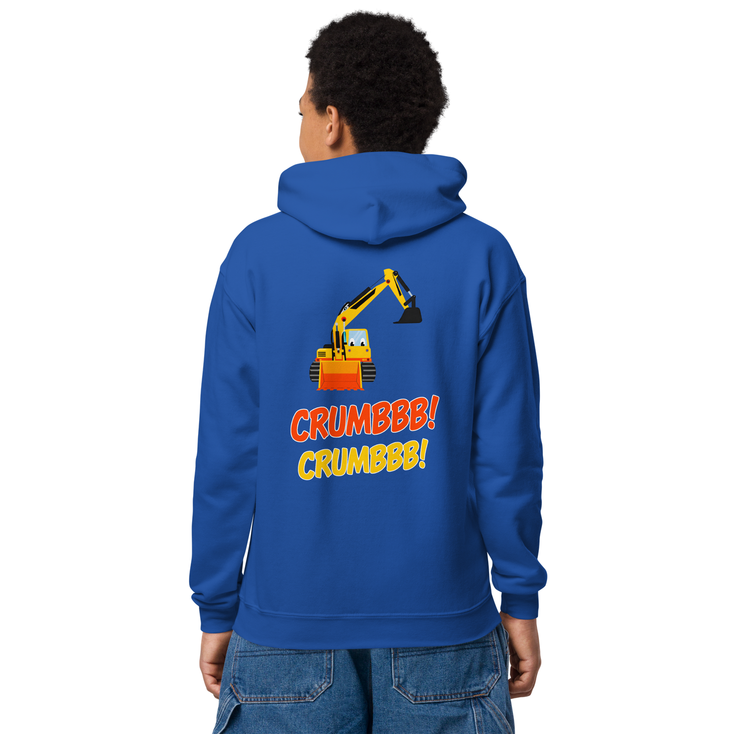Crumbbb! youth hoodie with durable fabric, front pouch pocket, no drawcords, and cartoon bulldozer design.