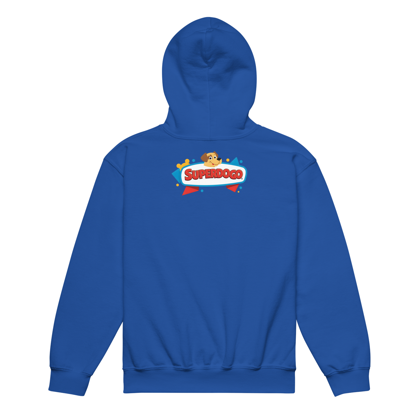Superdogo Hoodie featuring a cartoon dog design, front pouch pocket, no drawcords.