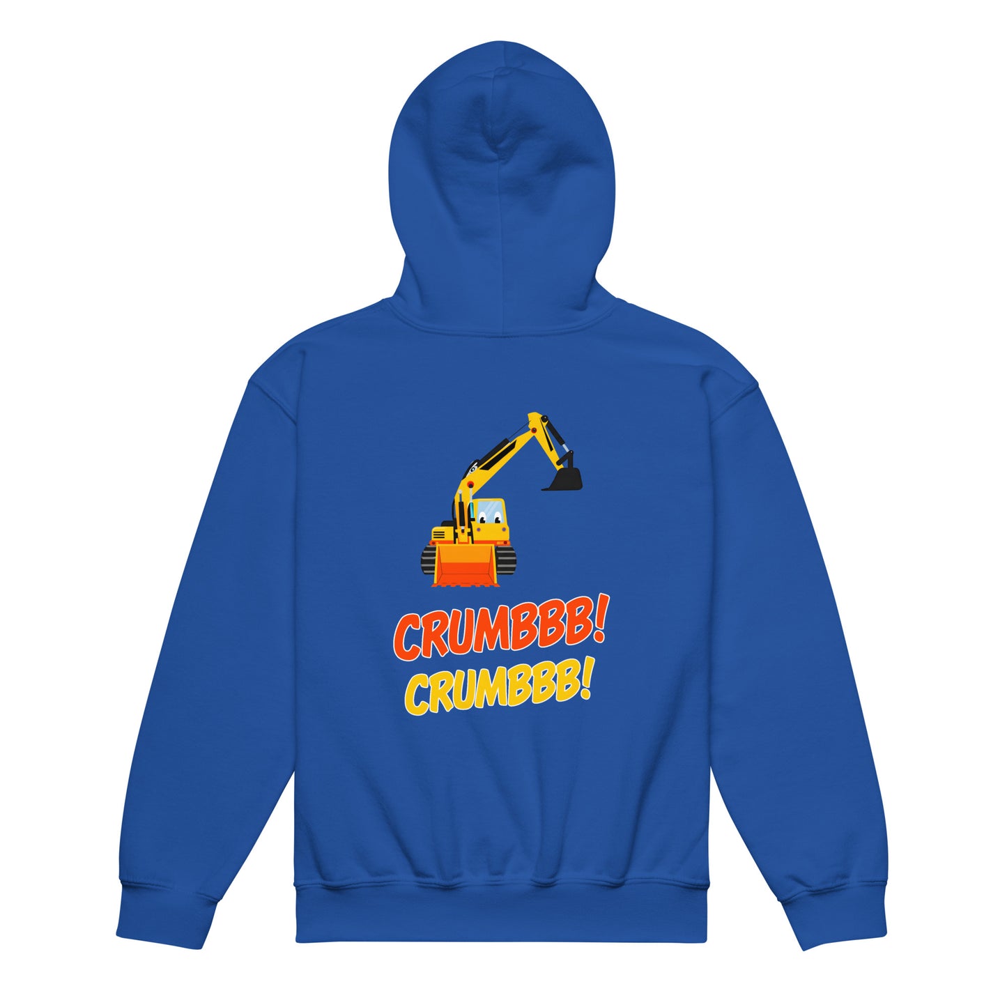 Crumbbb! bright blue hoodie with yellow excavator and bold text design.